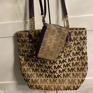Michael Kors Shoulder Bag & Wristlet Wallet (Monogram with Purple Straps)
